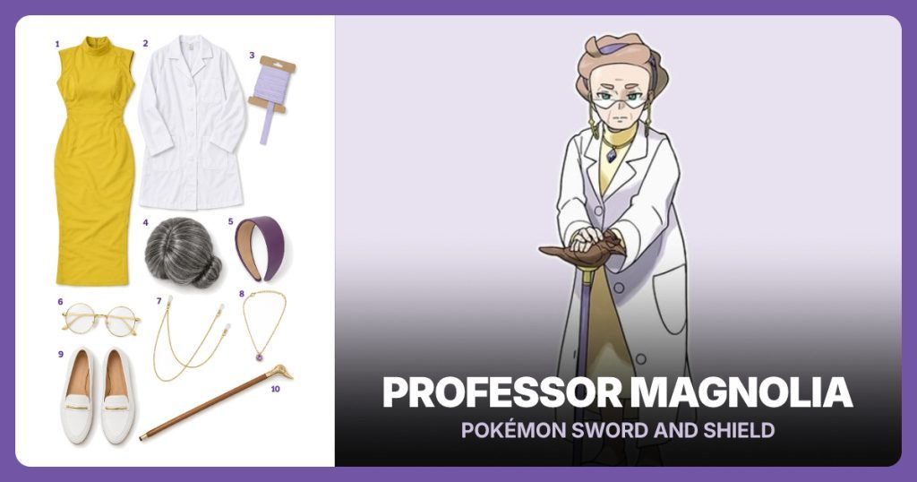 Yellow Sleeveless Collared Midi Dress, White Lab Coat, Light Lavender Bias Tape and Silver Granny Bun Wig beside Professor Magnolia