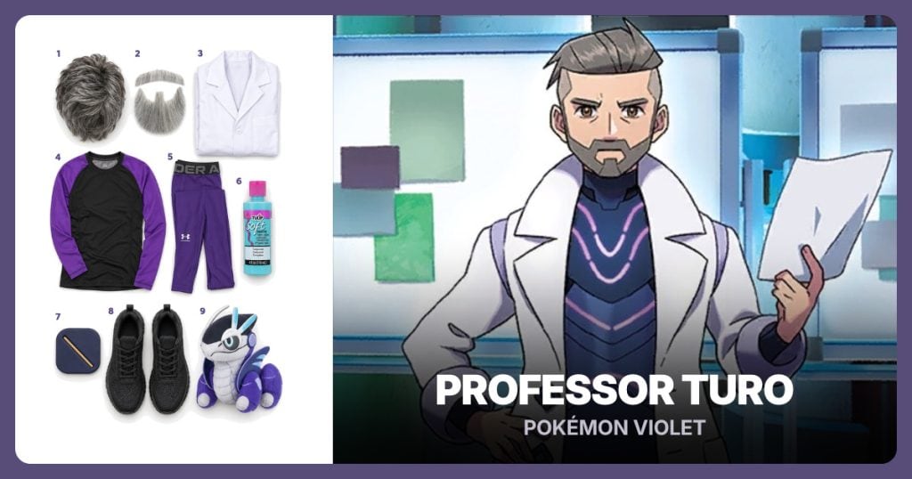 Short Gray Layered Wig, Gray Goatee and Mustache, White Men’s Lab Coat and Black and Purple Rash Guard beside Professor Turo