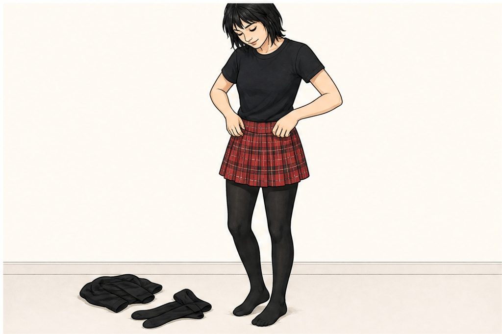 Put on black shirt plaid skirt and tights