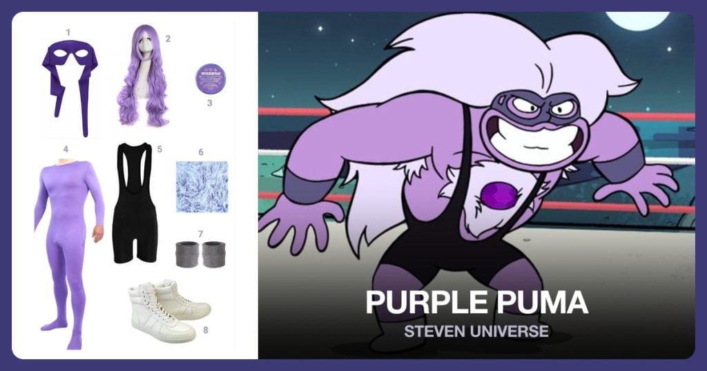 Purple Eyemask, Purple Wavy Long Hair, Purple Face Paint and Purple Body Suit beside Purple Puma