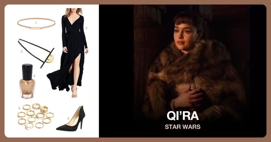 Waist Strap Belt, Evening Gown Dress, Star Wars Solo Qi’ra Pendant and Nail Polish beside Qi’ra