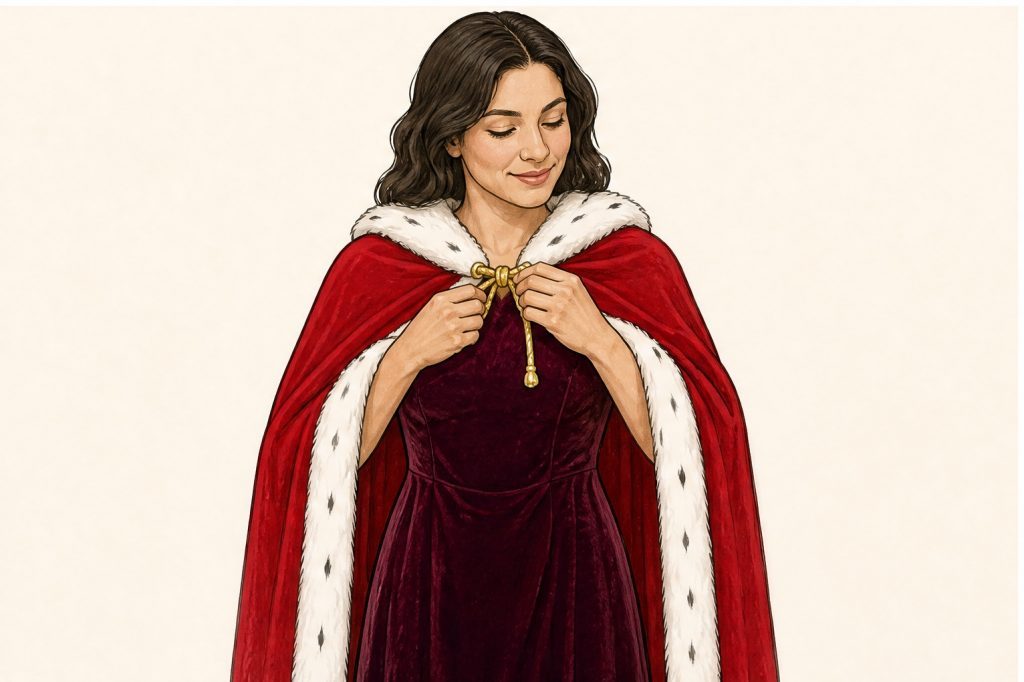 Fasten the royal cape at the shoulders