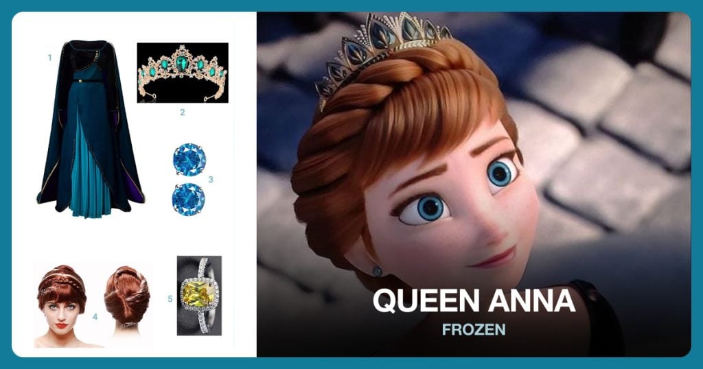 Queen Anna’s Dress, Green Diamond Tiara, Blue Diamond Earrings and Queen Anna Wig beside Queen Anna