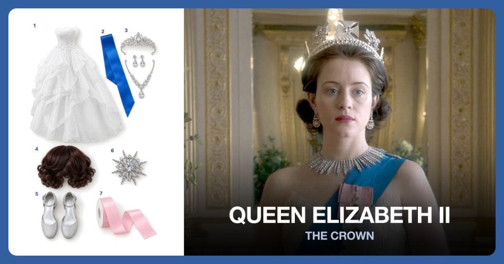 White Strapless Ball Gown, Blue Satin Sash, Silver Tiara Jewelry Set and Short Brown Curly Wig beside Queen Elizabeth II