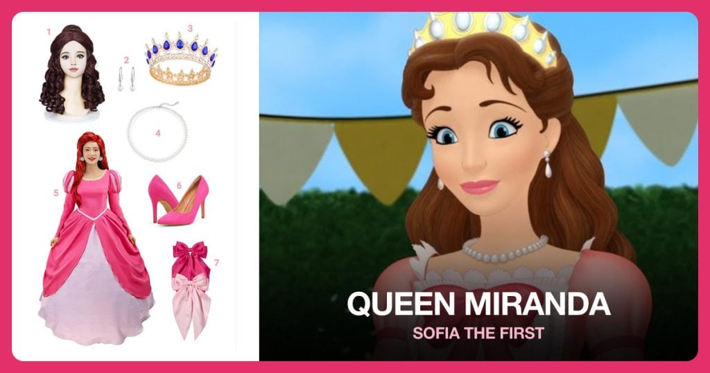 Long Auburn Wig, Pearl Drop Earrings, Gold Crown with Sapphire Blue Crystals and Pearl Necklace beside Queen Miranda