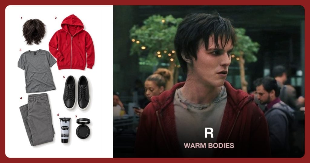 Short Brown Wig, Red Zip Hoodie, Gray Crewneck T-Shirt and Charcoal Slim Pants beside R