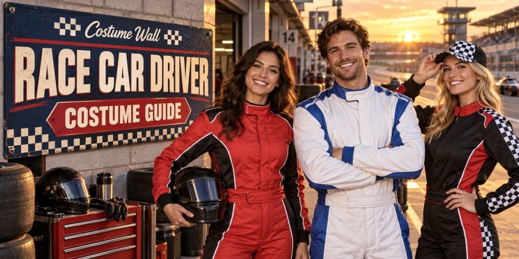 Red Racing Suit, White Racing Suit, Black Mechanic Coveralls and Women’s Black Coveralls beside Race Car Driver