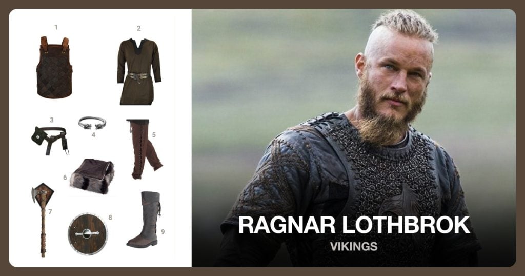 Viking Leather Armour, Medieval Tunic, Medieval Renaissance Belt and Dragon Bracelet Steel beside Ragnar Lothbrok