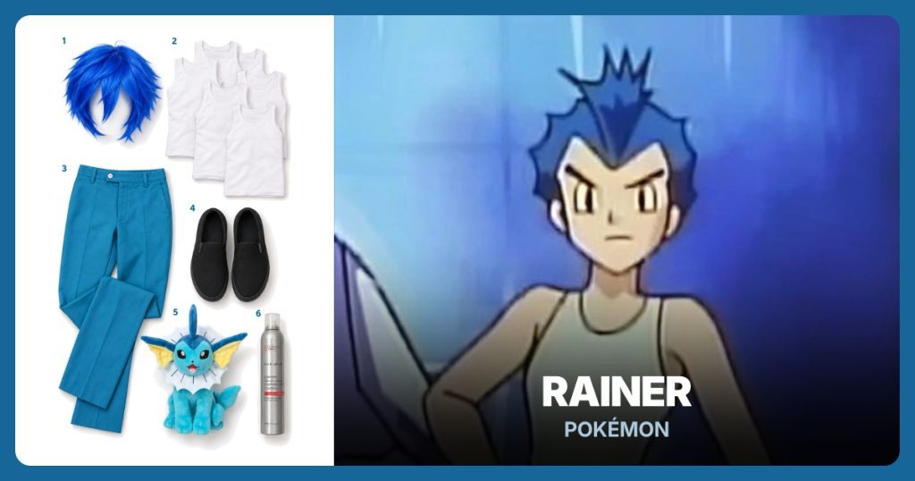 Blue cosplay wig, White tank top, Turquoise dress trousers and Black slip-on shoes beside Rainer