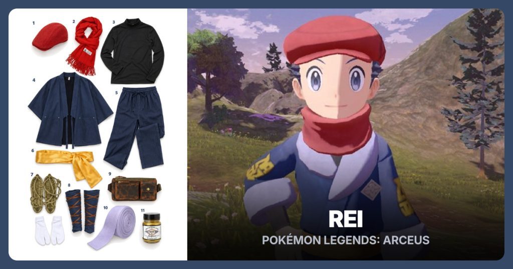 Red Newsboy Cap, Red Scarf, Black Mock Neck Shirt and Navy Kimono Jacket beside Rei
