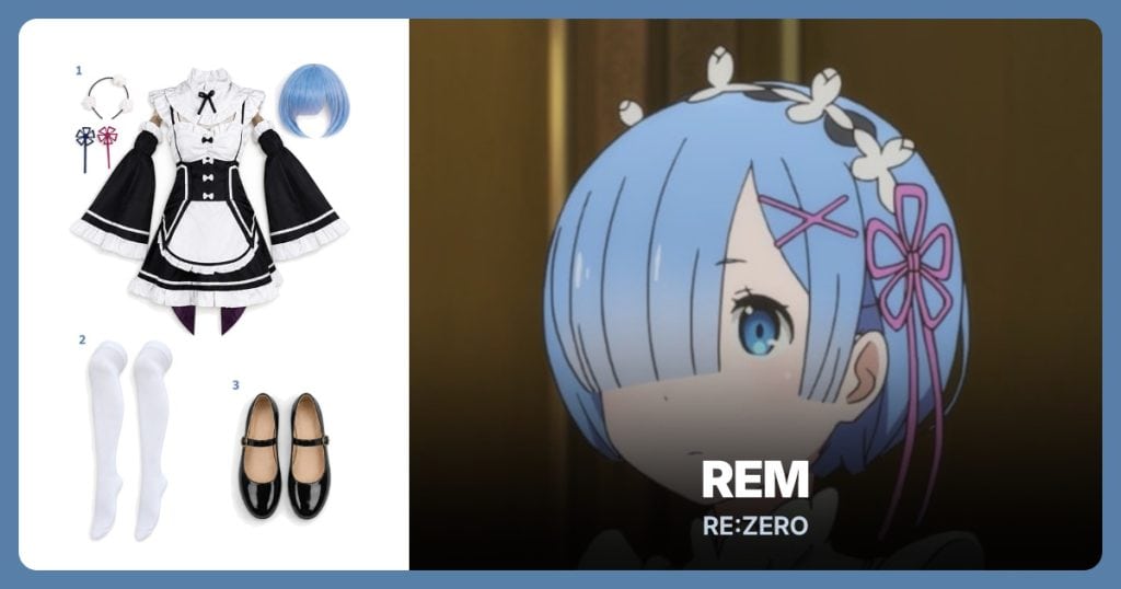 Rem Maid Costume Set, White Over-Knee Stockings and Black Mary Jane Flats beside Rem