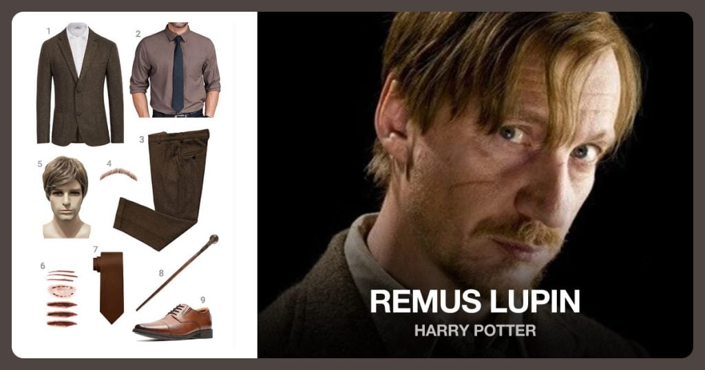 Brown Tweed Blazer, Brown Dress Shirt, Brown Tweed Dress Pants and Brown Fake Beard beside Remus Lupin