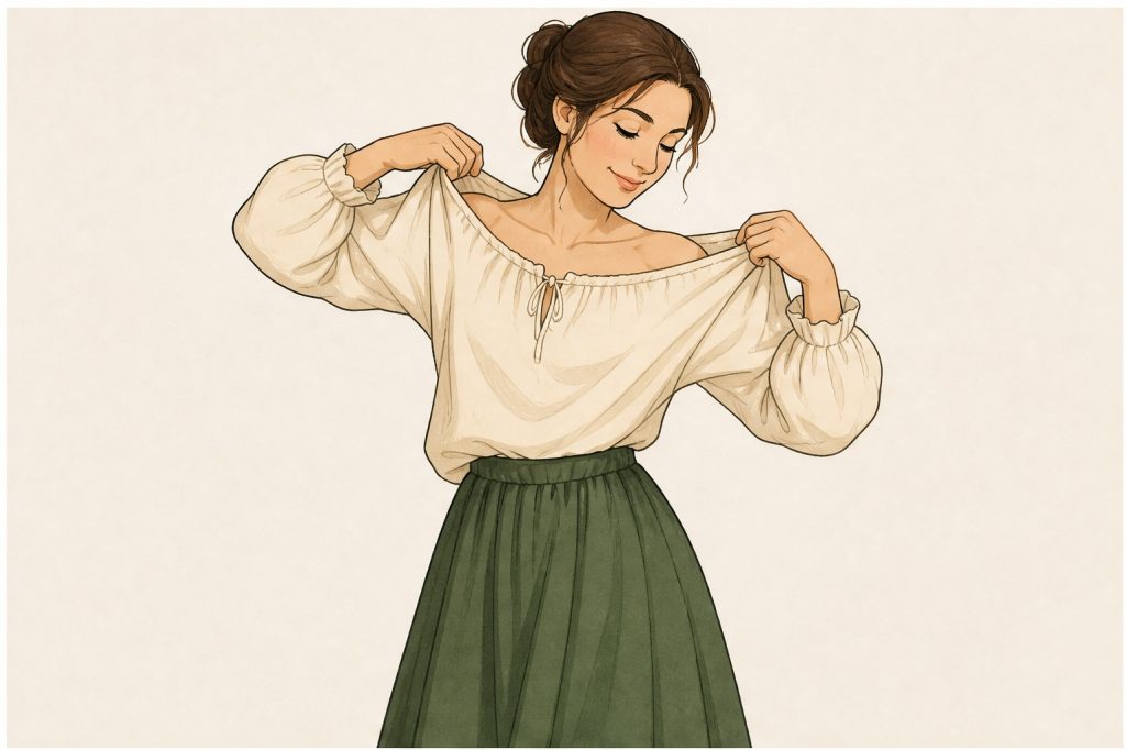 Put on cream blouse and green skirt