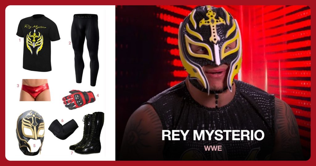 Rey Mysterio’s T-Shirt, Black Spandex Pants, Gold Underwear and Black and Red Sports Gloves beside Rey Mysterio