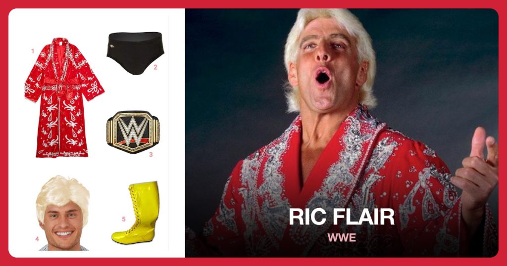 Ric Flair Robe, Wrestling Briefs, WWE Title Belt and Men’s Wig beside Ric Flair