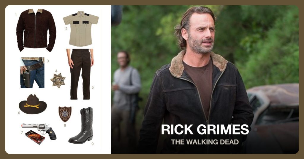 Leather Walking Jacket, Two Tone Short Sleeve Uniform Shirt and Single Holster Faux Leather Gun Belt beside Rick Grimes