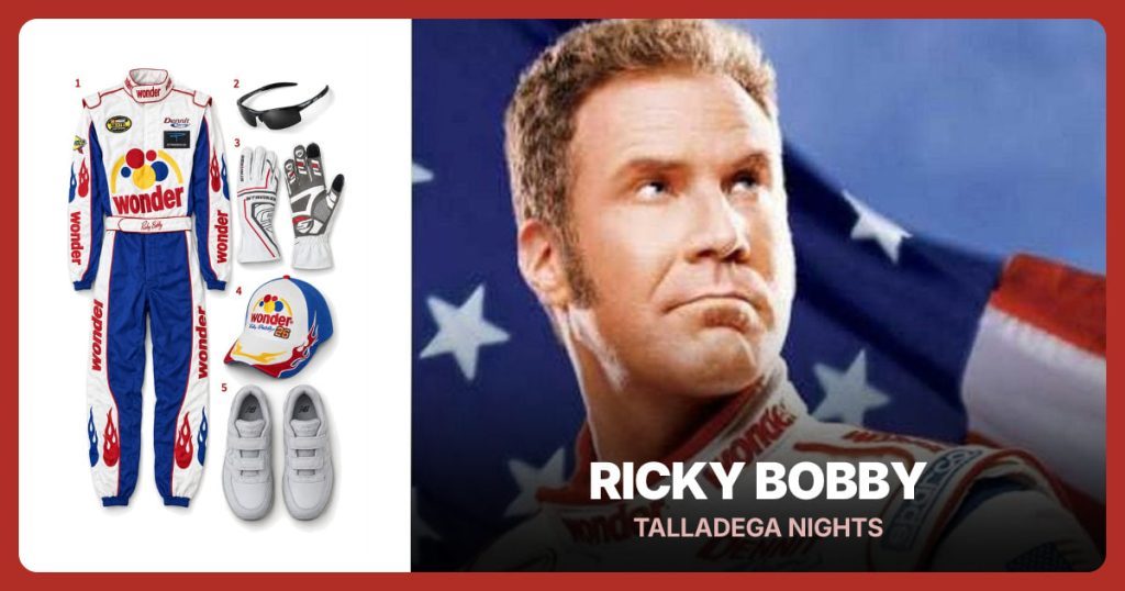 Ricky Bobby Racing Jumpsuit, Sports Sunglasses, White Racing Gloves and Ricky Bobby Cap beside Ricky Bobby