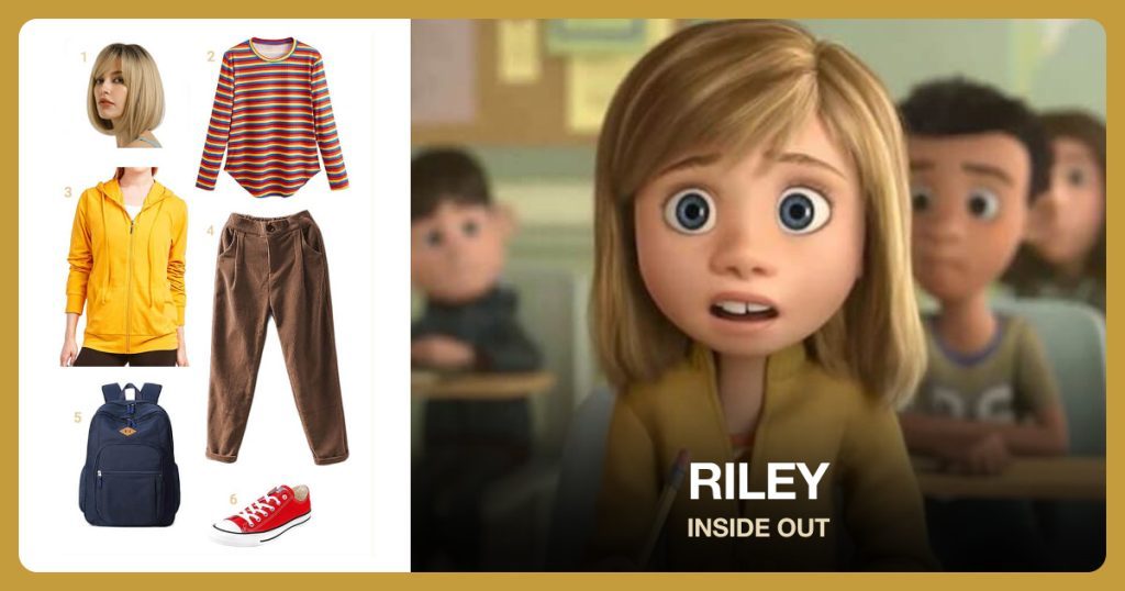 Short Blonde Bob Wig with Bangs, Colorful Striped Long sleeve and Yellow Zip Up Hoodie beside Riley