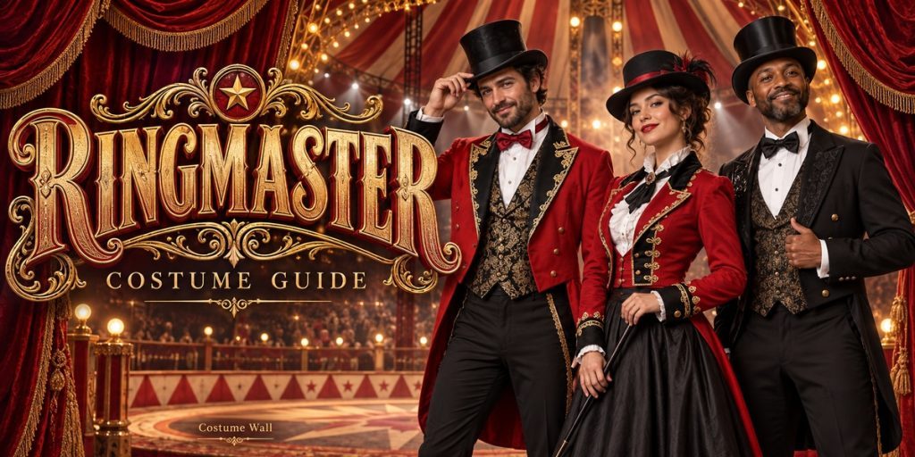 Red Ringmaster Jacket, Women’s Ringmaster Jacket, Black Tailcoat Set and White Button Shirt beside Ringmaster