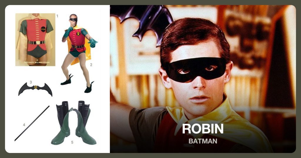 Robin Costume (Deluxe), Robin Costume (Budget), Batarang and Bo Staff beside Robin