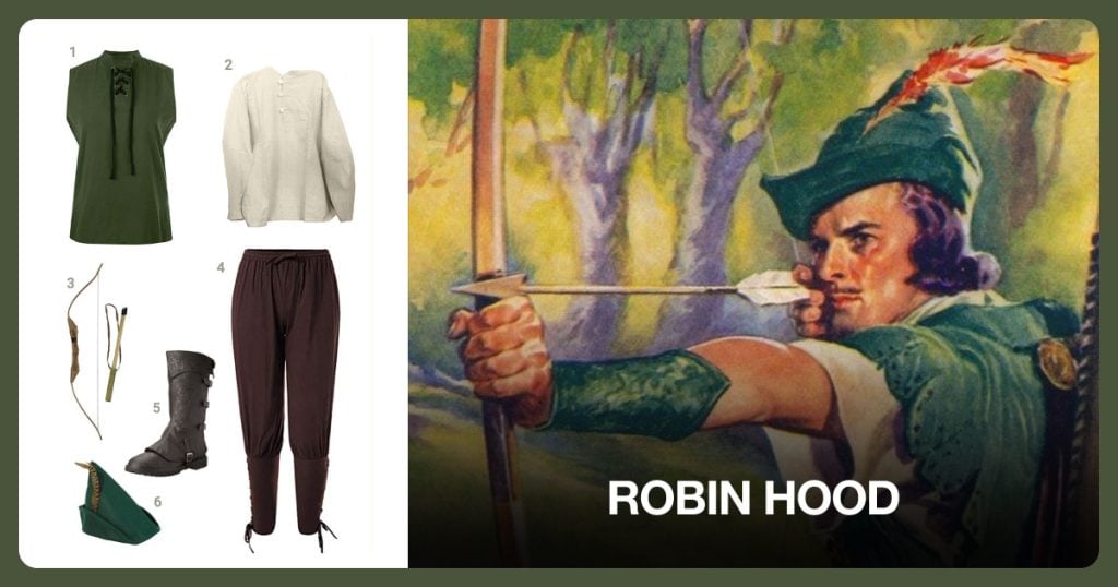 Green Sleeveless Tunic with Hood, Cream 3 Button Long Sleeved Tunic and Wooden Bow and Arrows with Quiver beside Robin Hood