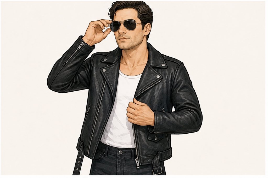 Settle aviator sunglasses and straighten jacket