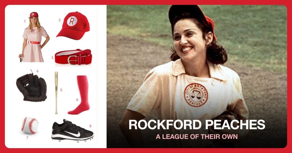 Rockford Peaches AAGPBL Dress, Rockford Peaches Hat, Red Baseball Belt and Vintage Baseball Mit beside Rockford Peaches