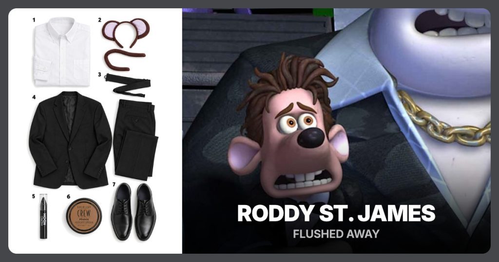 White Dress Shirt, Brown Mouse Ears and Tail, Black Bow Tie and Black Two-Piece Suit beside Roddy St. James from Flushed Away