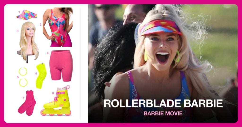 Tie Dye Sun Visor, Leotard Swimsuit, Light Blonde Wig and Pink Women’s Shorts beside Rollerblade Barbie