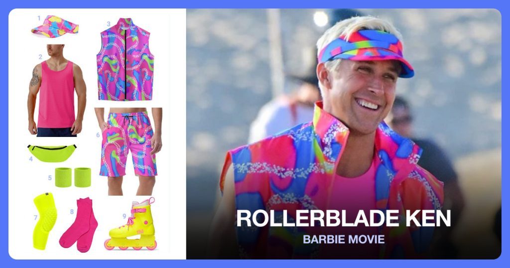 Tie Dye Sun Visor, Pink Tank Top, Skatewear Vest and Fanny Pack beside Rollerblade Ken