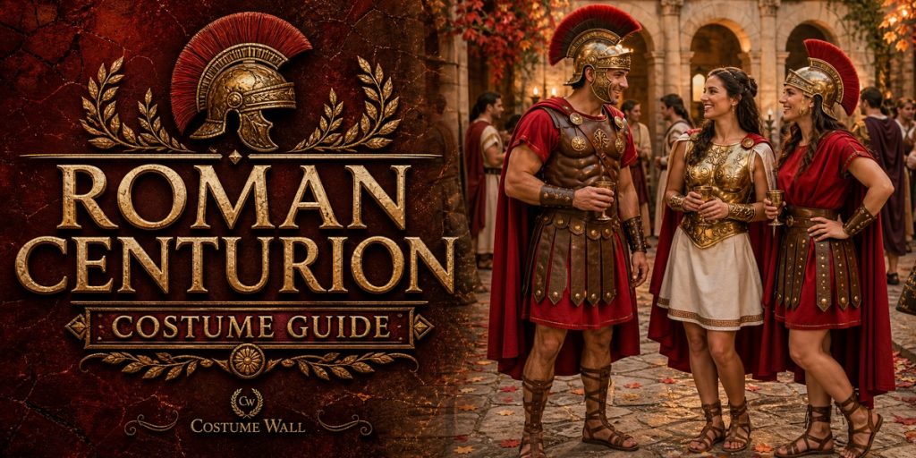 Red Roman Tunic, Cream Linen Tunic, Brown Costume Armor and Gold Costume Breastplate beside Roman Centurion