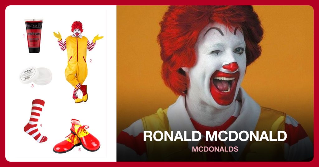 Red Face Paint, Clown Costume, White Face Paint and Stripe Dress Socks beside Ronald McDonald