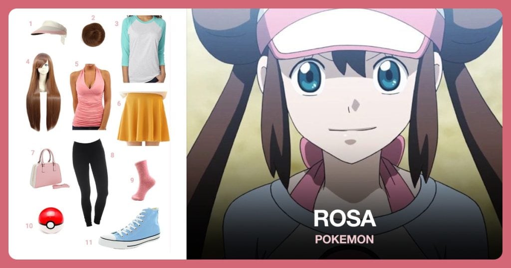 Pink and White Visor Hat, Brown Donut Hair Bun, Tahiti Blue 3/4 Sleeve Tee and Brown Long Straight Anime Wig beside Rosa