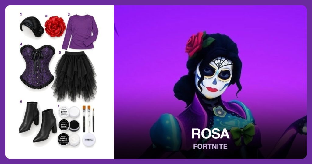 Black Braided Bun Wig, Red Rose Hair Clip, Purple Long Sleeve Top and Black And Purple Overbust Corset beside Rosa