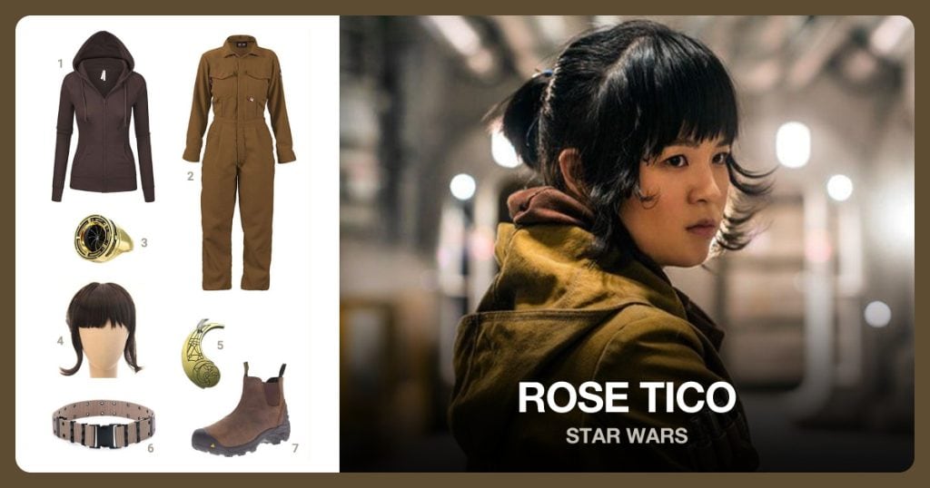 Casual Hoodie Jacket, Women’s Coveralls, Resistance Ring and Rose Tico Wig beside Rose Tico
