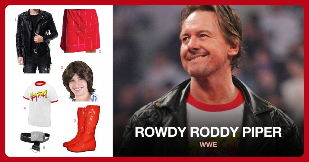 Leather Jacket, Kilt Skirt, Men’s Wig and Hot Rod T-Shirt beside Rowdy Roddy Piper