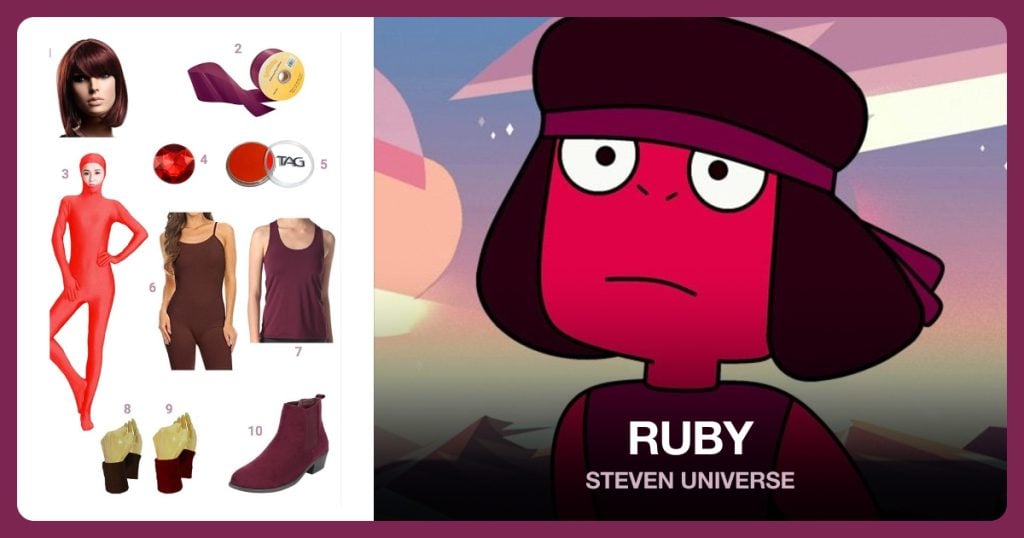 Dark Red Wig, Burgundy Ribbon, Red Bodysuit with Open Face and Flatback Ruby Gemstone beside Ruby