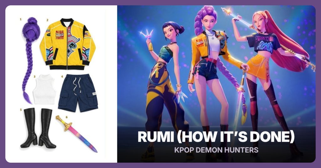 Purple Braided Wig, Yellow Stage Jacket, White Mock-Neck Crop Top and Blue Cargo Shorts beside Rumi (How It’s Done)
