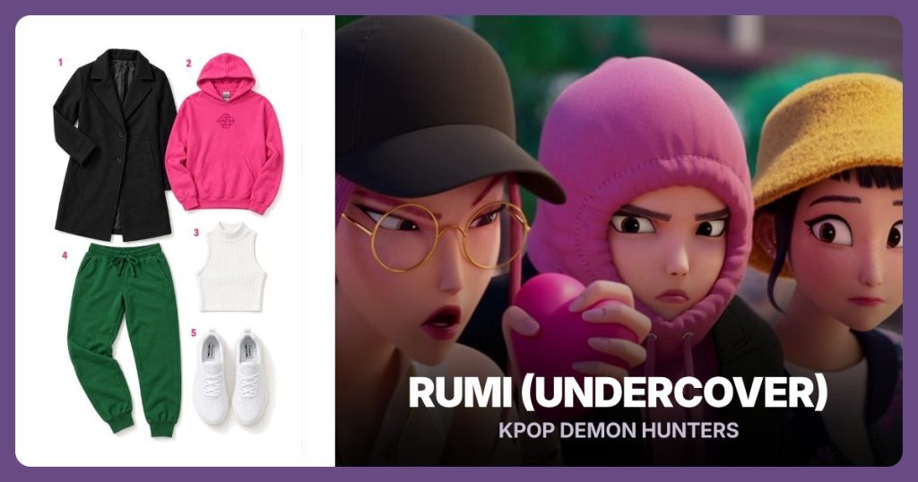 Black Peacoat, Pink HUNTR/X Hoodie, White Mock-Neck Crop Top and Dark Green Jogger Pants beside Rumi (Undercover)