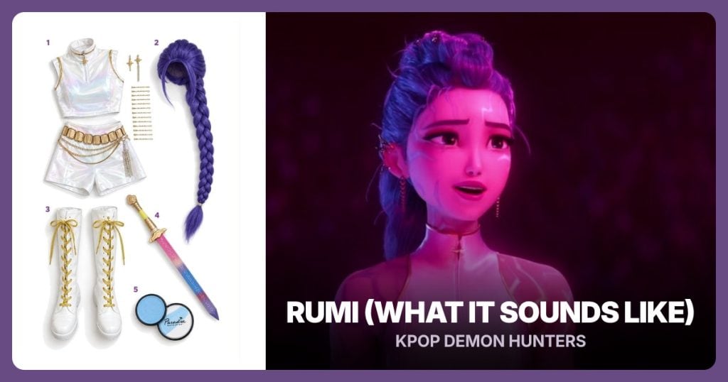 Rumi White Stage Outfit, Purple Braided Wig, White Lace-Up Boots and Gold Cosplay Sword Prop beside Rumi (What It Sounds Like)