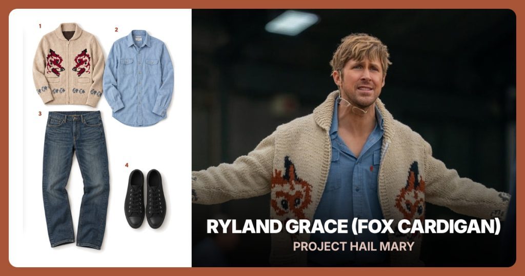 Cream Fox-Pattern Zip Cardigan, Light Blue Chambray Shirt and Medium-Blue Straight-Leg Jeans beside Ryland Grace (Fox Cardigan)