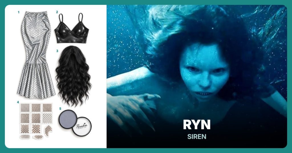 Silver Scale Mermaid Skirt, Black Metallic Crop Top, Long Black Wavy Wig and Mermaid Scale Makeup Stencils beside Ryn