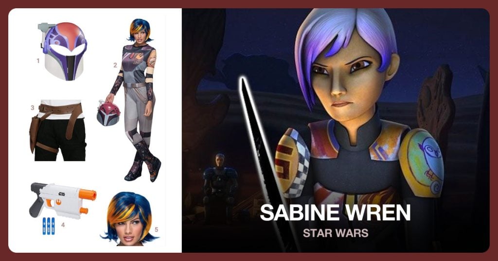 Rebels Mask, Sabine Wren Costume, Belt Holster and Star Wars Blaster beside Sabine Wren
