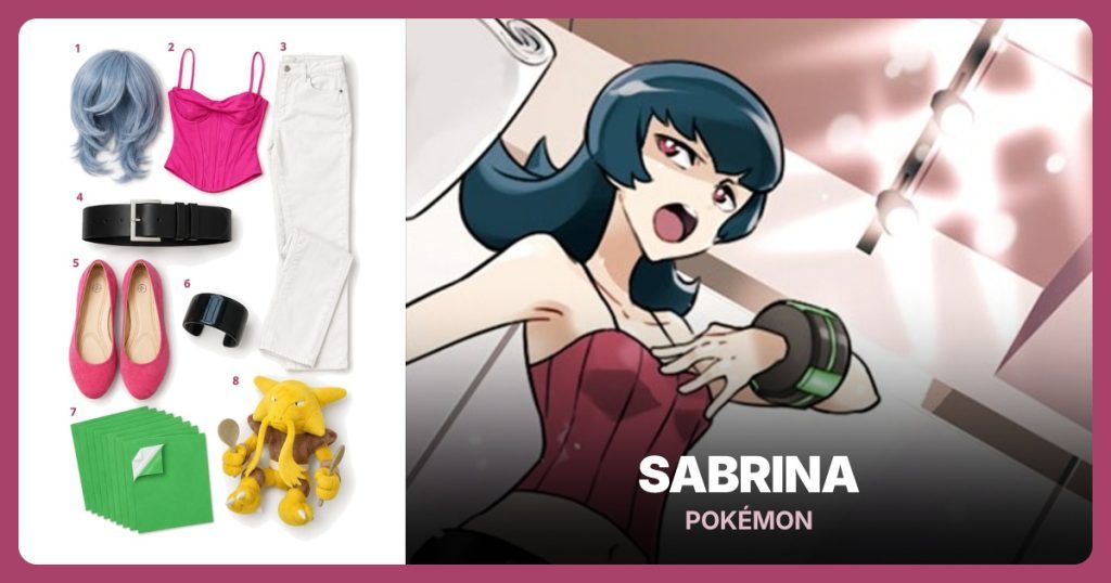 Gray-Blue Layered Wig, Pink Corset Top, White Straight-Leg Jeans and Black Wide Belt beside Sabrina