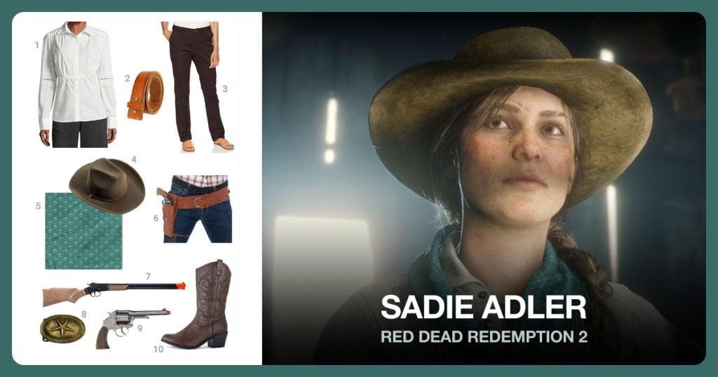 White Pleated Bib Shirt, Brown Leather Belt Strap, Brown Pants and Cowboy Hat beside Sadie Adler