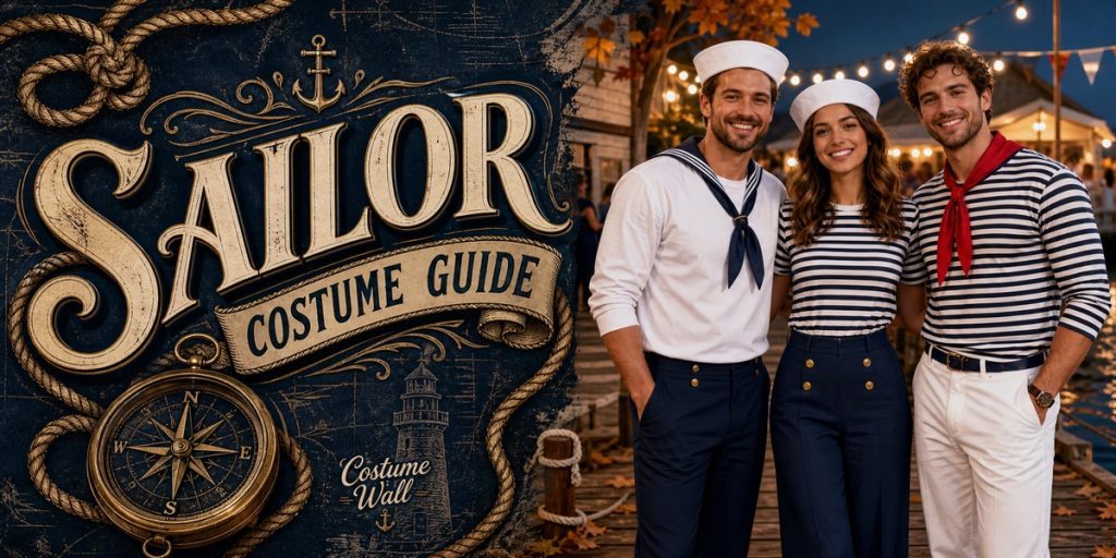 Men’s White Sailor Shirt, White Navy Stripe Top, Navy Wide Leg Pants and Men’s Navy White Stripe Shirt beside Sailor