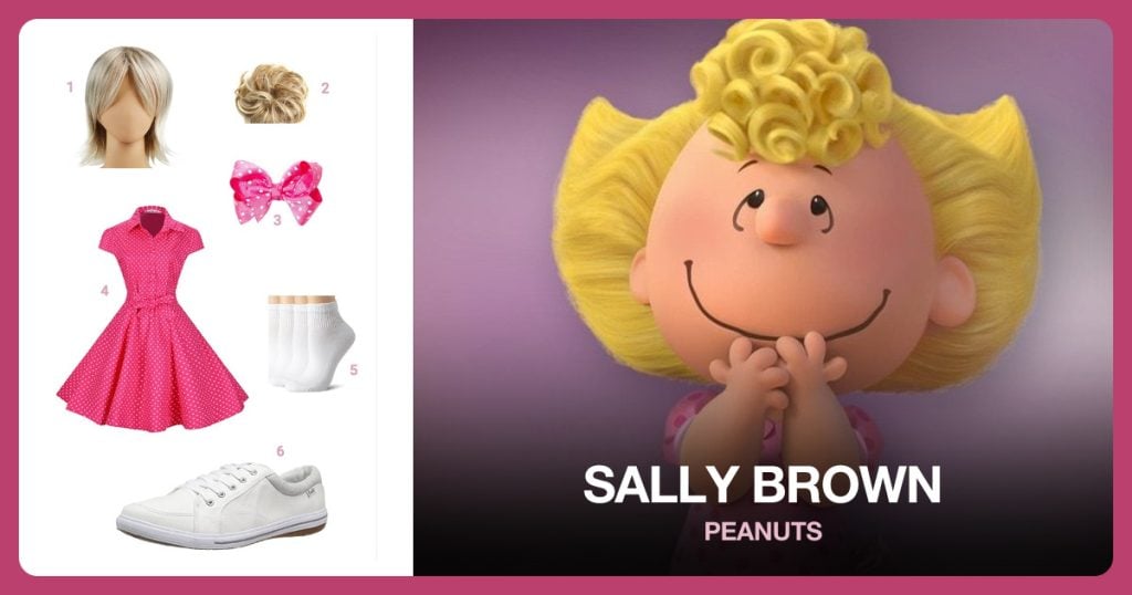 Blonde Wig, Blonde Bun Extension, Pink Polka Dot Hair Bow and Pink Polka Dot Dress beside Sally Brown