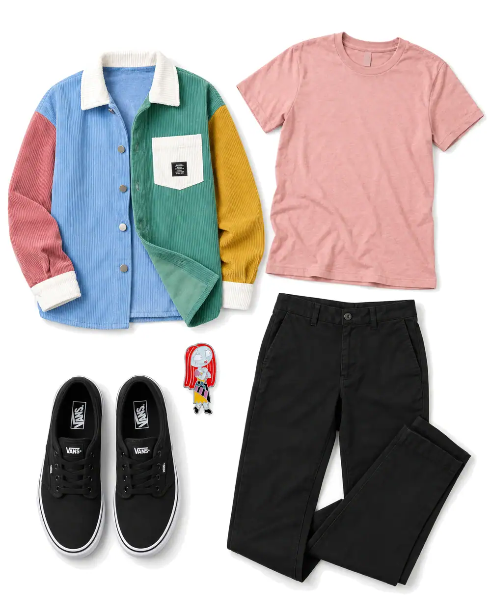 Pastel color-block corduroy overshirt, dusty rose tee, black chinos, Sally enamel pin, and black Vans sneakers.