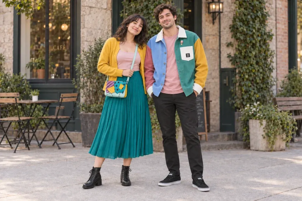 Two adults in everyday Sally-inspired looks with a yellow cardigan and teal skirt, and a pastel overshirt with black chinos.