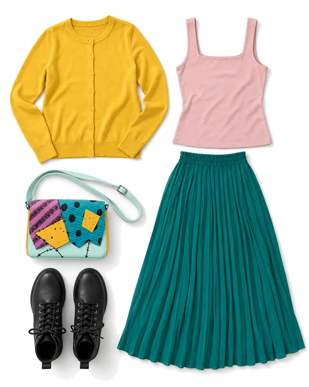 Yellow cardigan, pink square-neck tank, teal pleated midi skirt, Sally patchwork crossbody bag, and black lace-up ankle boots.